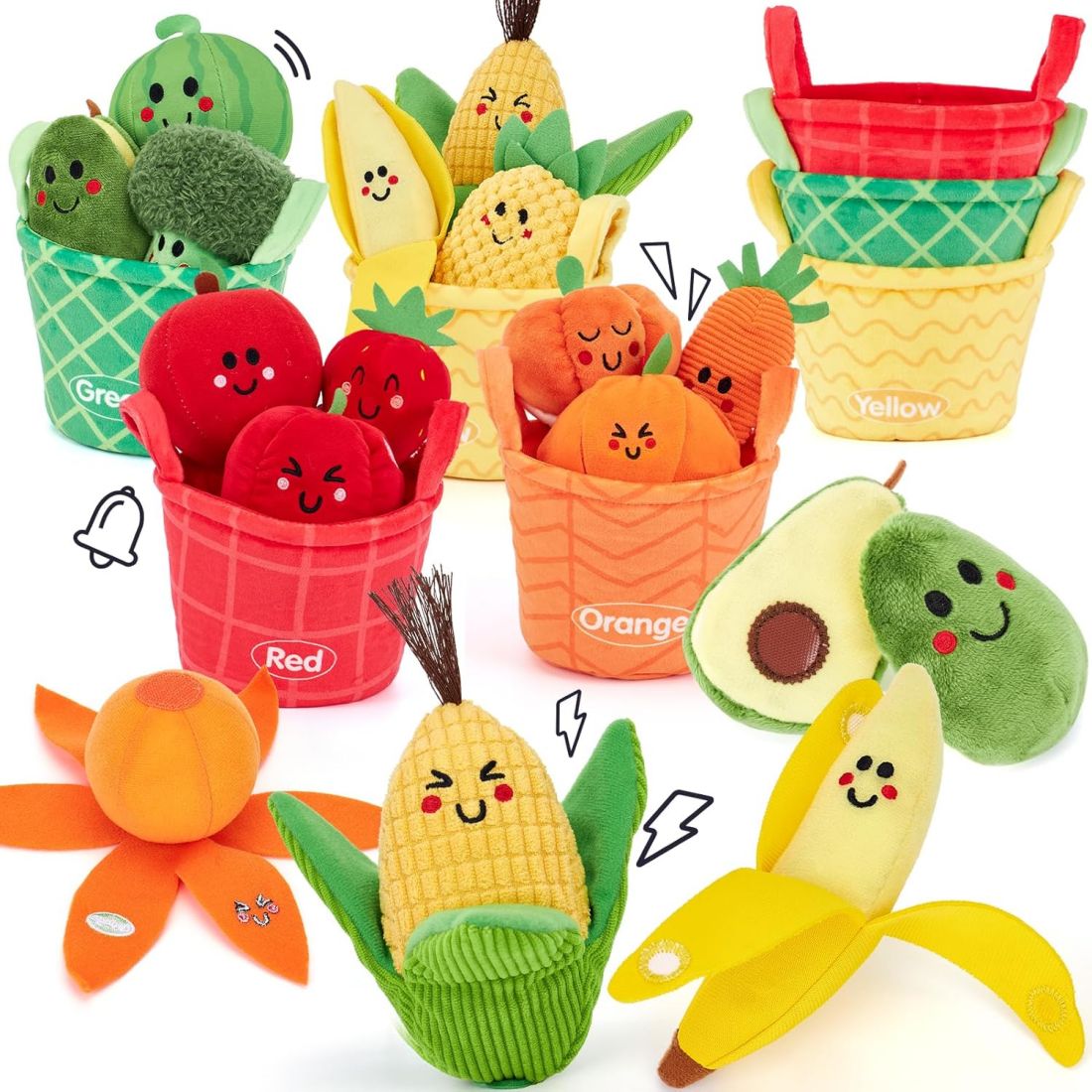 Pack de frutas y verduras en tela- conteo, colores, velcro y texturas