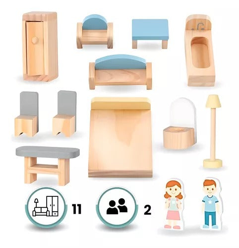 Casita de muñecas de madera con balcón