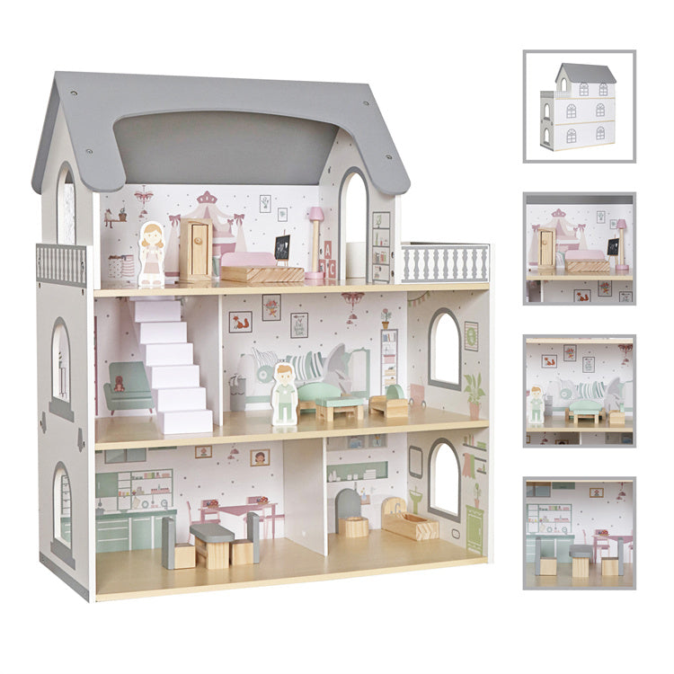 Casita de muñecas de madera con balcón