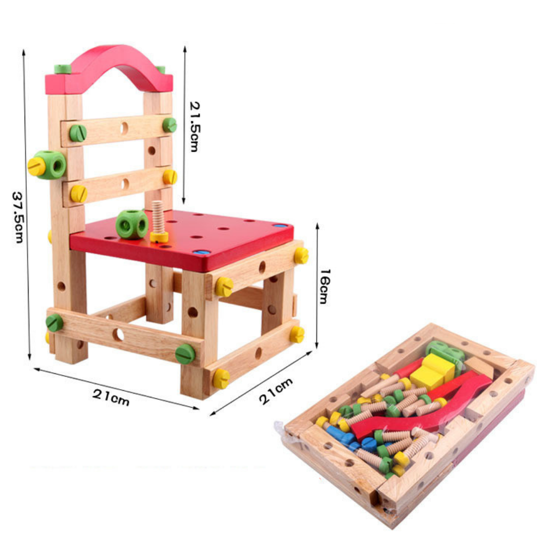 Juego silla de madera con herramientas para armar.