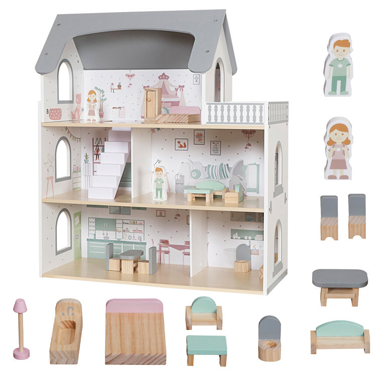 Casita de muñecas de madera con balcón