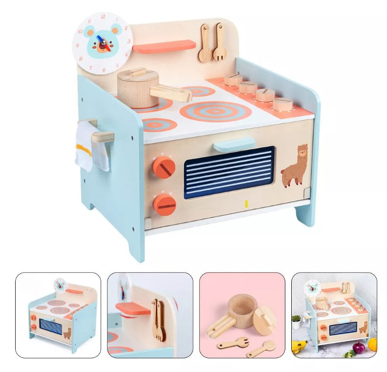 Cocina bajita de madera con accesorios