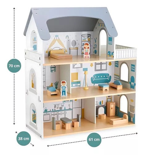 Casita de muñecas de madera con balcón