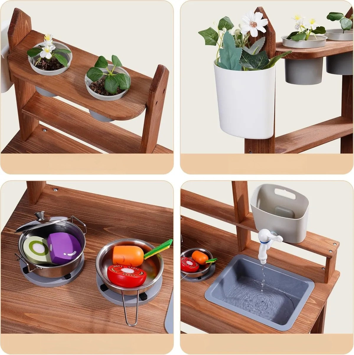 Cocina exterior de madera con grifo