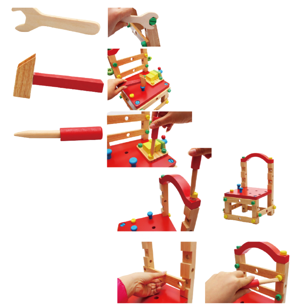 Juego silla de madera con herramientas para armar.
