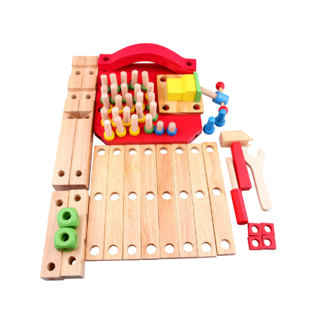 Juego silla de madera con herramientas para armar.