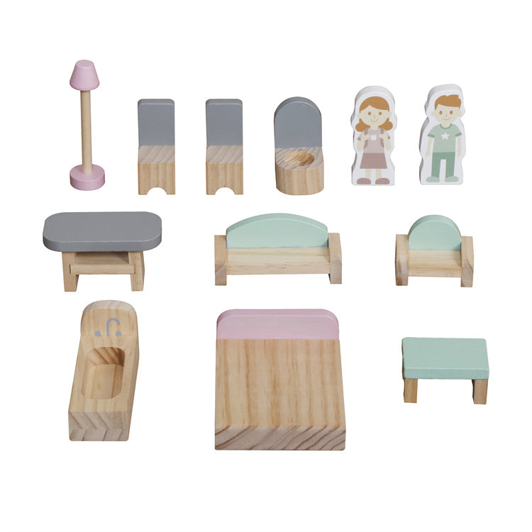 Casita de muñecas de madera con balcón