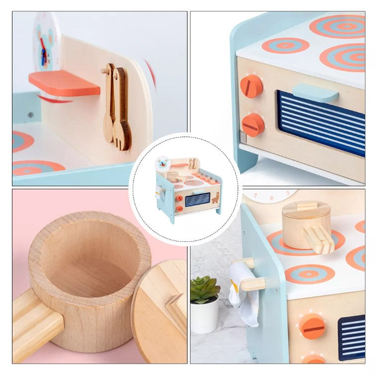 Cocina bajita de madera con accesorios